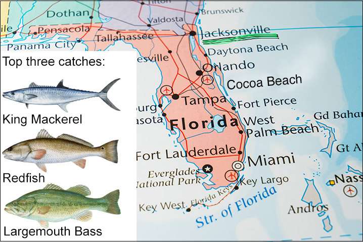 Map of Florida showing Jacksonville and top three fish species to catch there